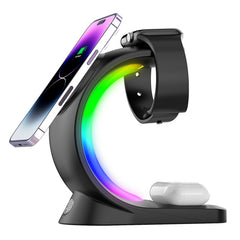 4-in-1 Magnetic Wireless Charging Station with Fast Charging and Ambient Light for Phones, Earbuds, and Smartwatches