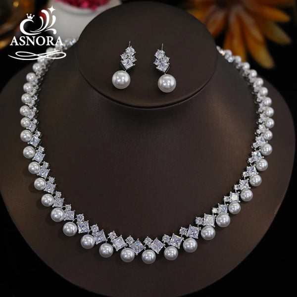 Elegant White Classic Round Pearl Necklace and Earrings