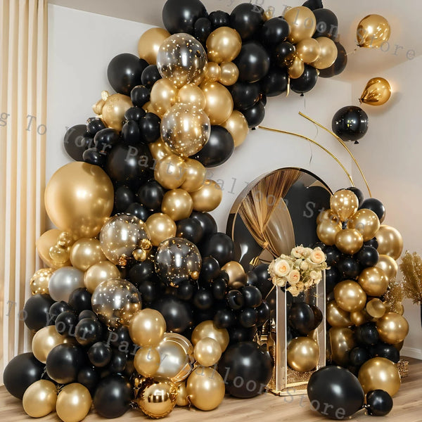 Black and Gold Balloons Garland Arch Kit With Gold Confetti Balloons