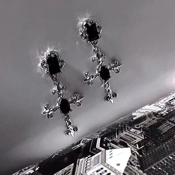 Gothic Large Detailed Cross Black Drill Earrings