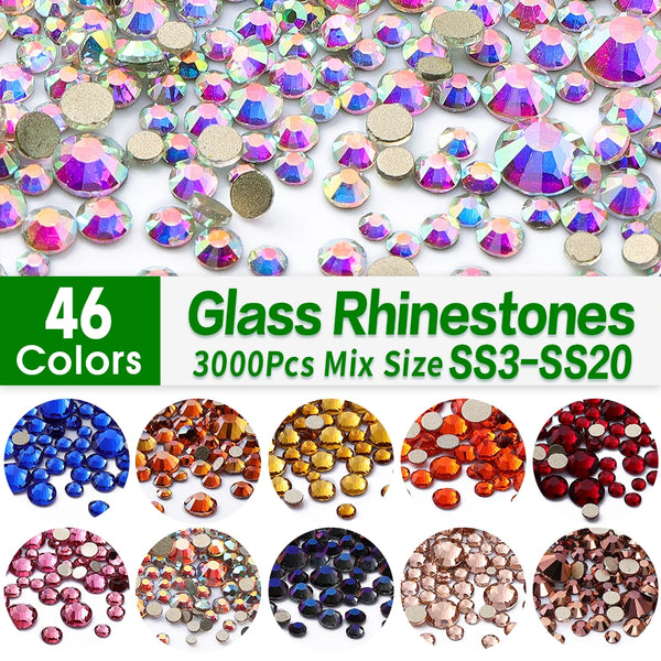 3000Pcs Mix Size SS4-SS20 Clear Crystal Rhinestones