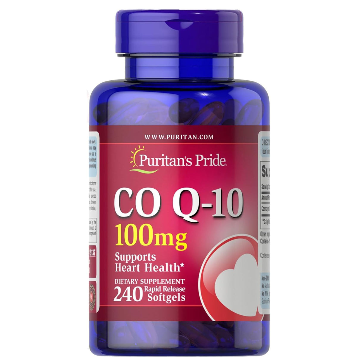 Puritan's Pride Coenzyme CoQ10 100mg, Dietary Supplement for Heart Health, Blood Pressure, Oral Gum Health, and Healthy Aging Support, 60 Day Supply, 240 Rapid Release Softgels
