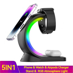 4-in-1 Magnetic Wireless Charging Station with Fast Charging and Ambient Light for Phones, Earbuds, and Smartwatches